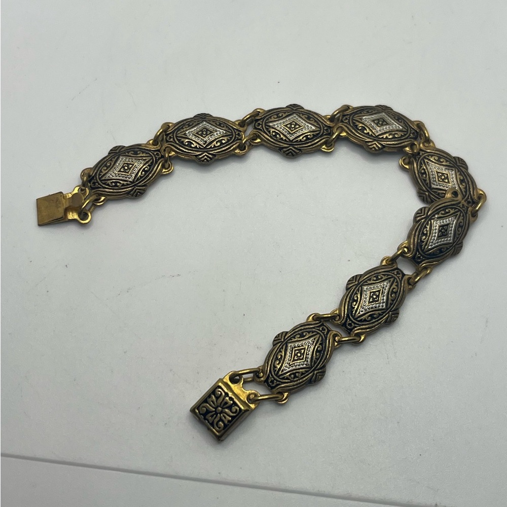 Toledo Spain gold tone black & white enameled design bracelet vintage - Picture 2 of 16